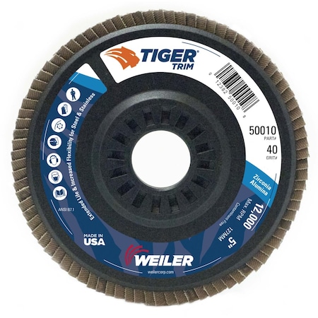 Weiler 5" Tiger Flap Disc, Conical (TY29), Backing, 40Z, 7/8" 50010